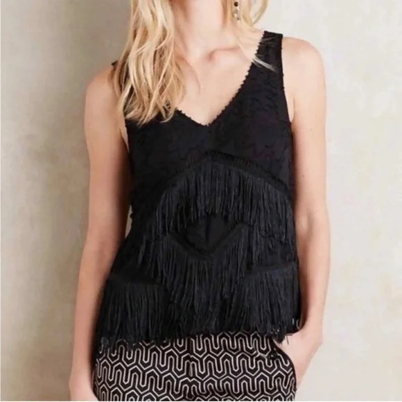 Anthropologie HD in Paris Tiered Fringe Sleeveless Blouse Black 4 - Picture 2 of 10
